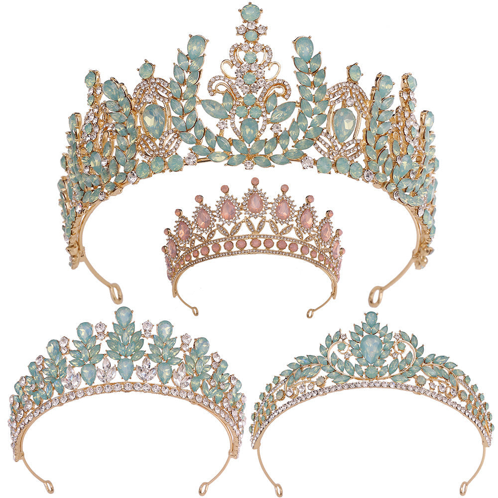 Wedding Birthday Headdress Crown Alloy Inlaid Protein Green Bright Crystal Bride