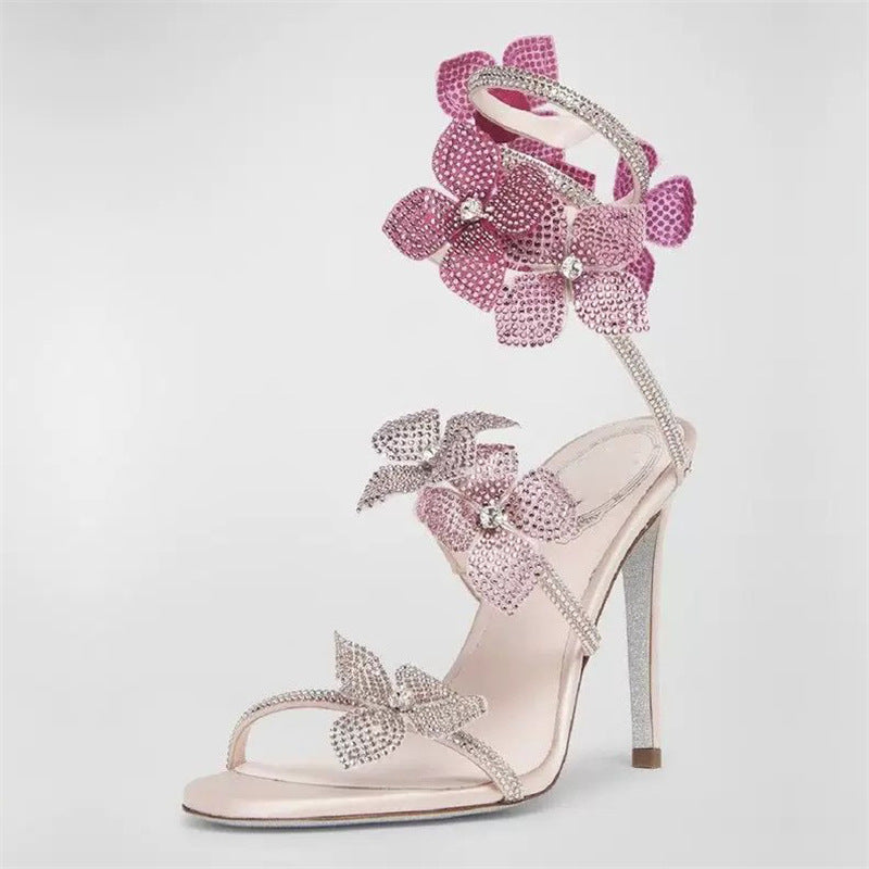 Snakelike Winding Lace Flowers Around Ankle Ring Stiletto Heels