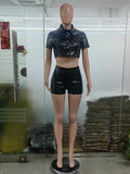Leather Coat New Breasted Waist-tied Short-sleeved Shirt Shorts Set