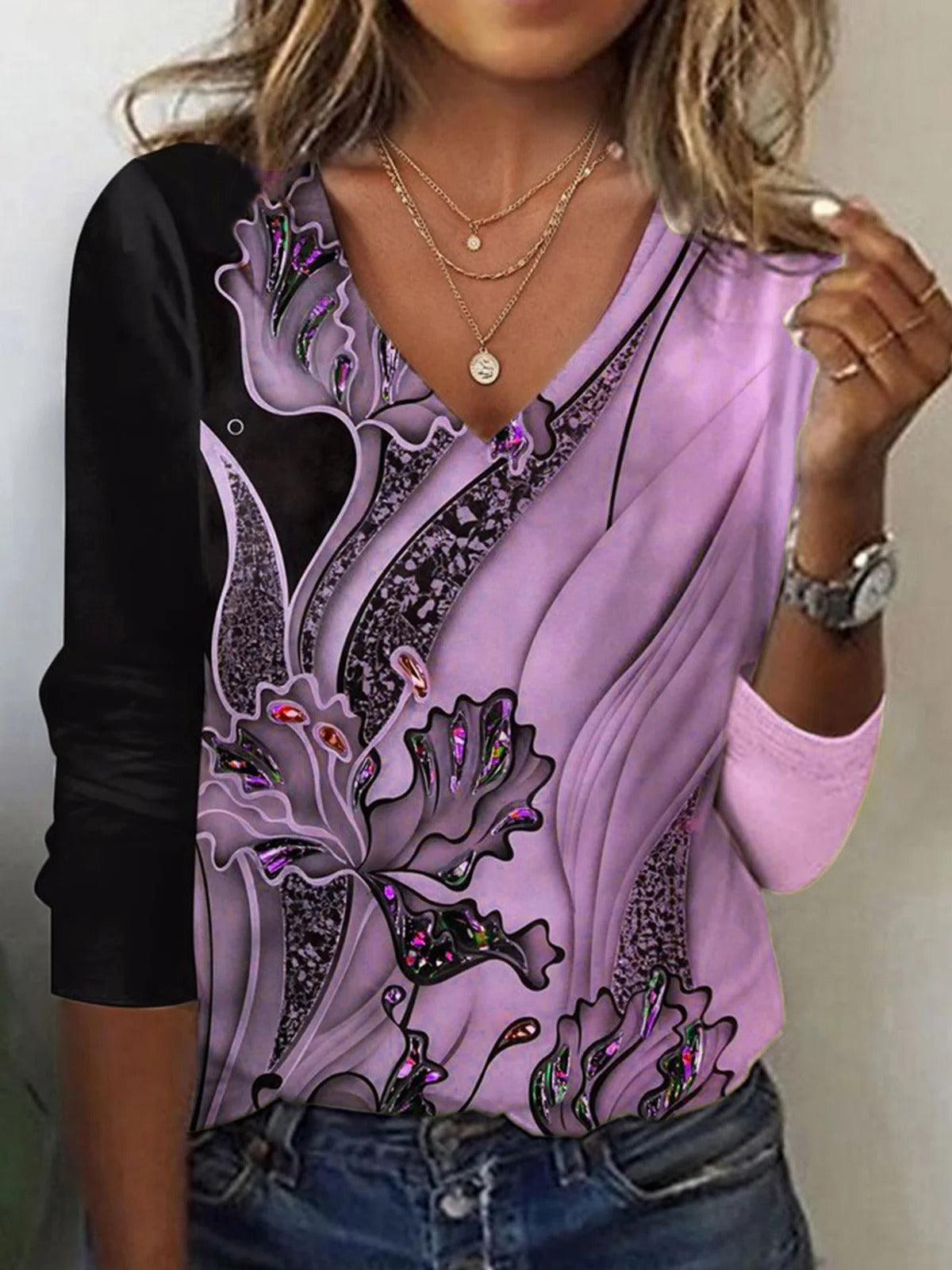Fall Winter Fashion Printing Long-sleeve T-shirt Sexy Temperament Collar Top Slim Women's Clothing Animal And Plant Printing