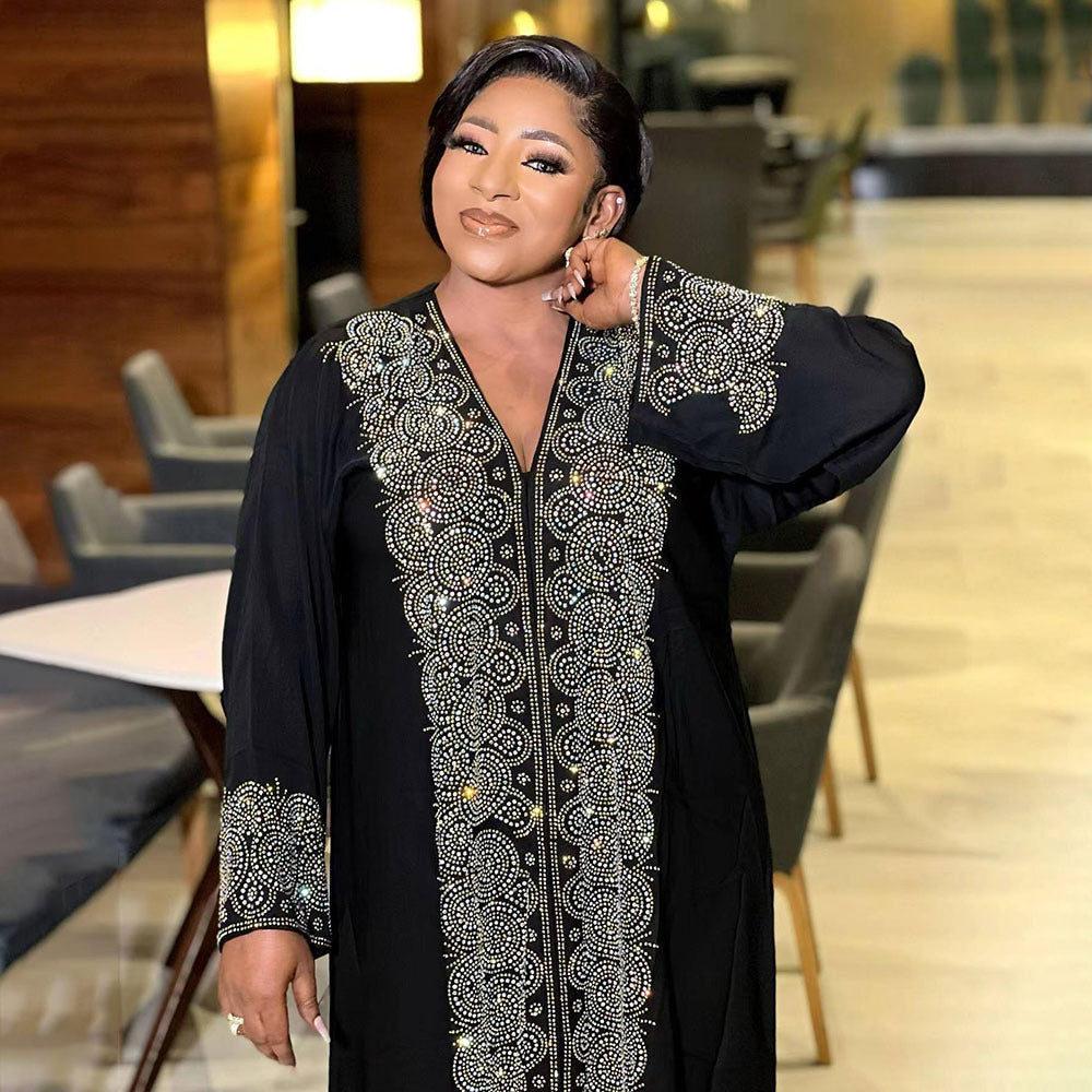 Dress Middle East Muslim Style Robe Fashion V-neck Hot Drilling