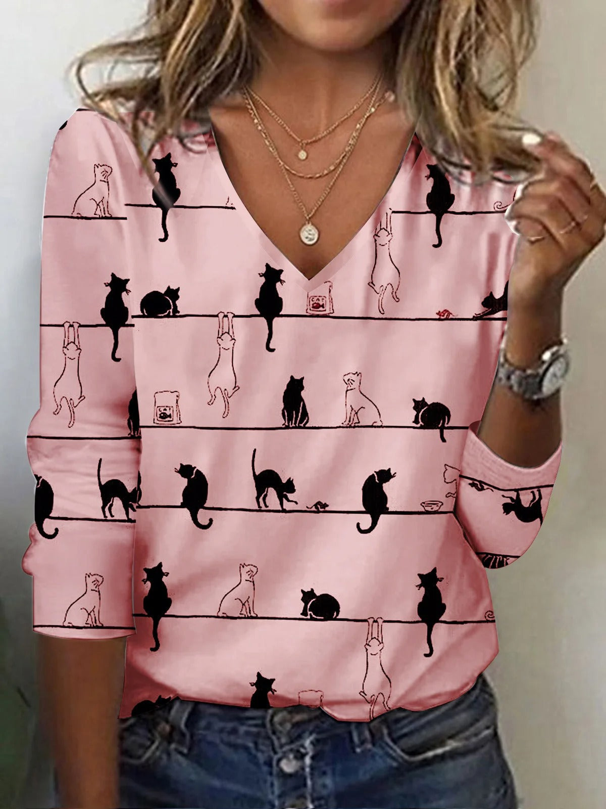 Fall Winter Fashion Printing Long-sleeve T-shirt Sexy Temperament Collar Top Slim Women's Clothing Animal And Plant Printing