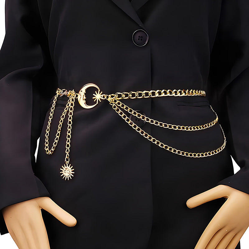 Hip Hop Metal Moon Body Chains Multi-layer Tassel Sun Pendant Street Waist Decorations