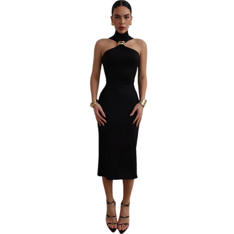 Summer New Women's Sexy Hot Girl Turtleneck Solid Color Dress