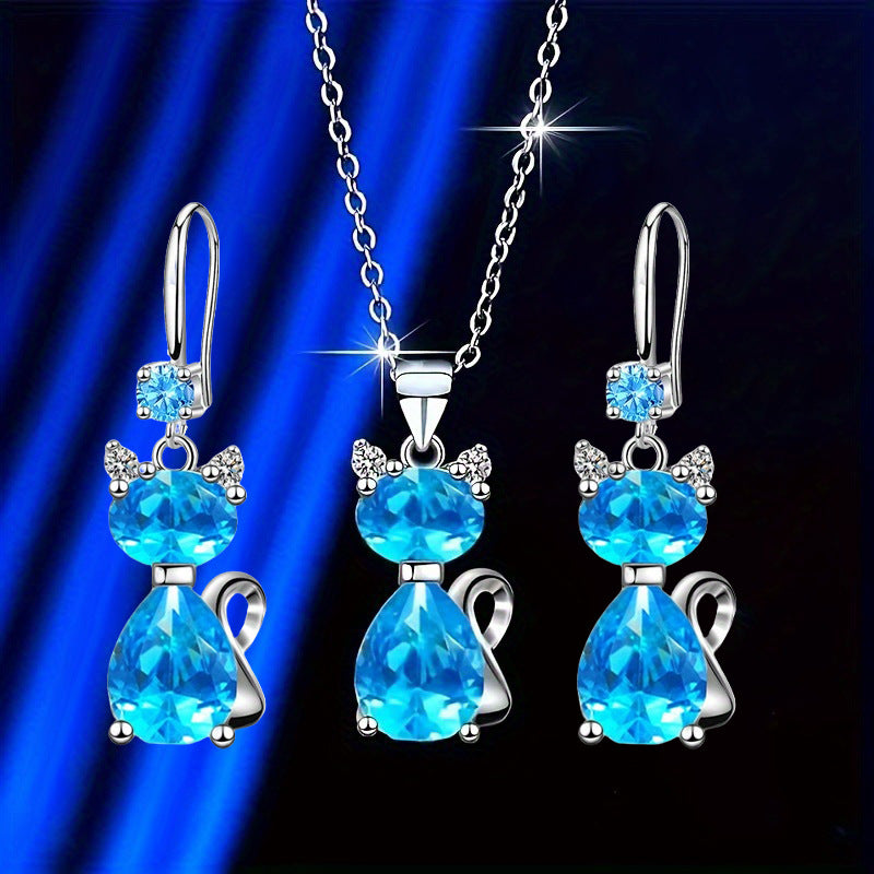 Shiny Exquisite Luxury Cat Pendant Necklace Earrings