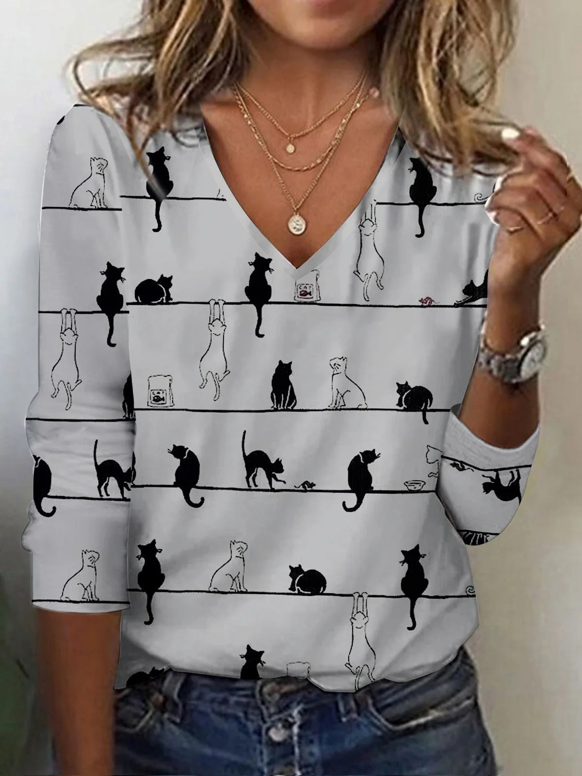 Fall Winter Fashion Printing Long-sleeve T-shirt Sexy Temperament Collar Top Slim Women's Clothing Animal And Plant Printing