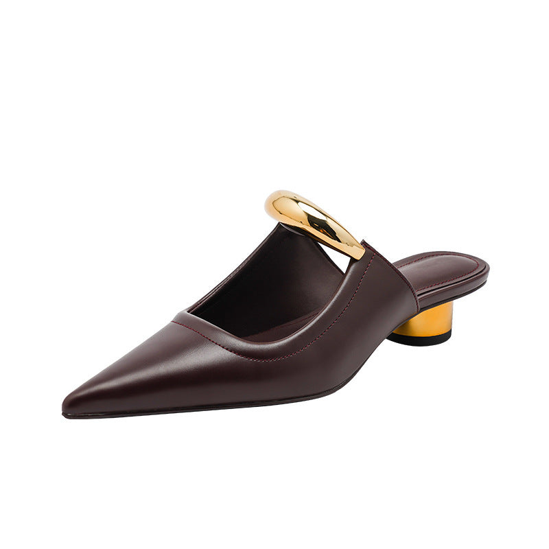 Pointed-toe Slippers Women's Chunky Heel Mid Heel Half Slippers Ferrule Sandals