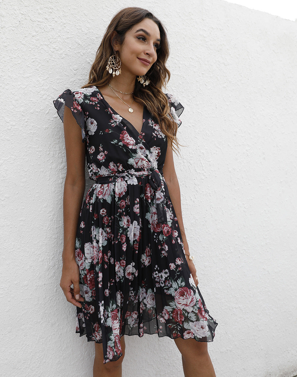 V-neck Waist-controlled Lace-up Printing Dress