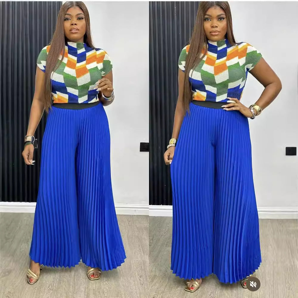 Fashion Plus Size Women Suit Pleated Print Short-sleeved Wide-leg Pants