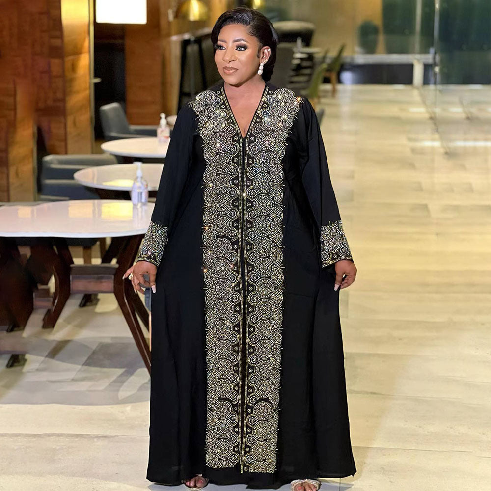 Dress Middle East Muslim Style Robe Fashion V-neck Hot Drilling