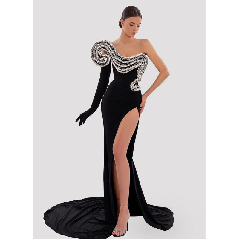 Rhinestone Design Split Shoulder Sleeveless Black Dress