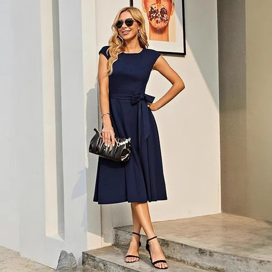 Summer Round Neck Sleeve Waist Belt Slim Print Sleeveless Swing Dress