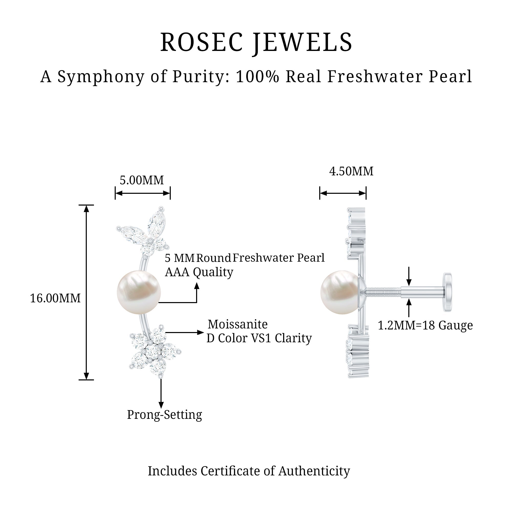 Nature Inspired Freshwater Pearl and Moissanite Crawler Earring