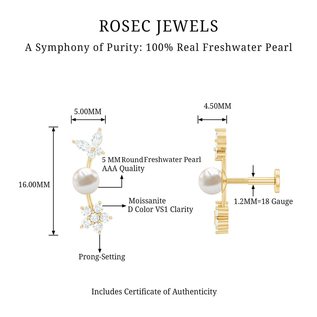 Nature Inspired Freshwater Pearl and Moissanite Crawler Earring