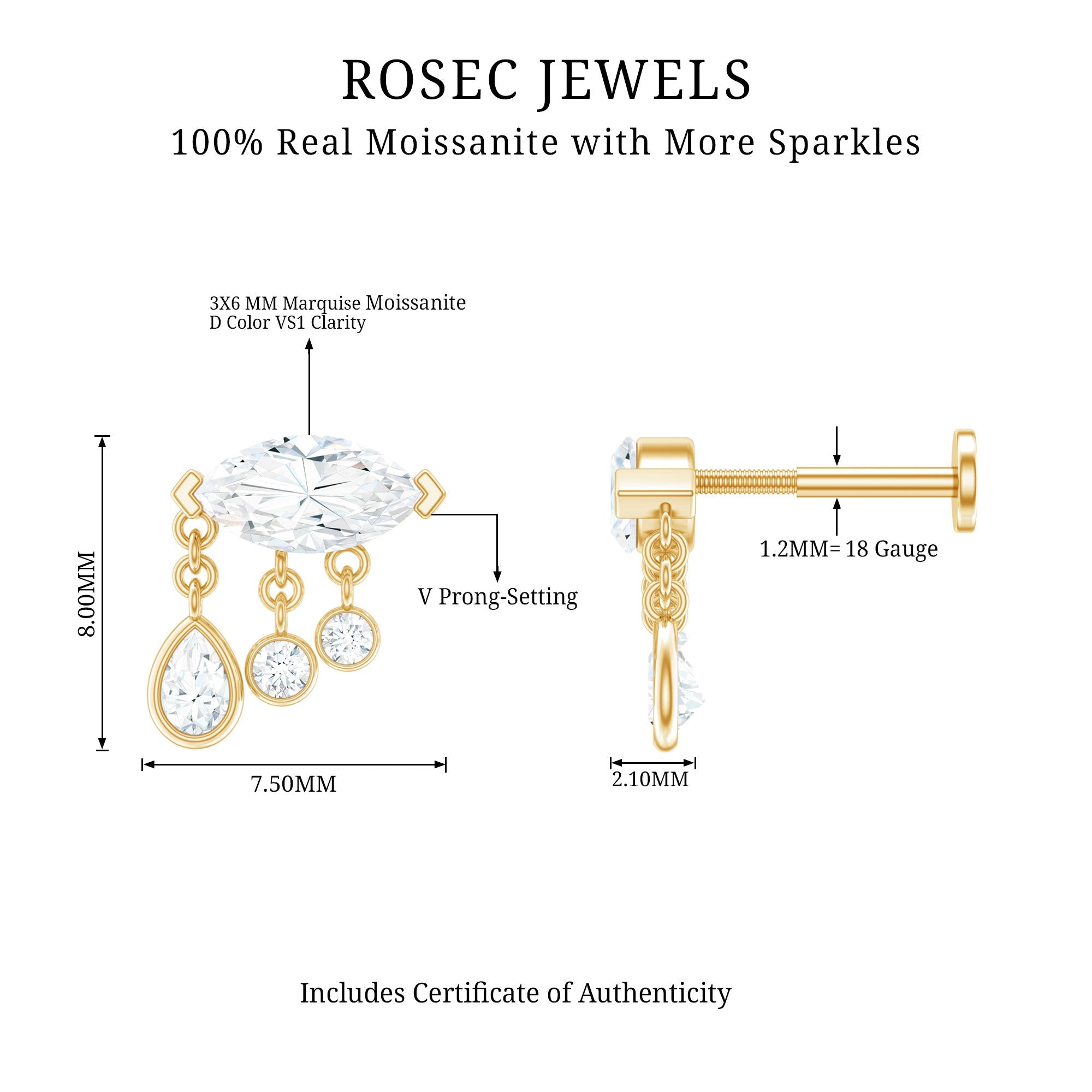 Marquise Cut Moissanite Cartilage Dangle Earring