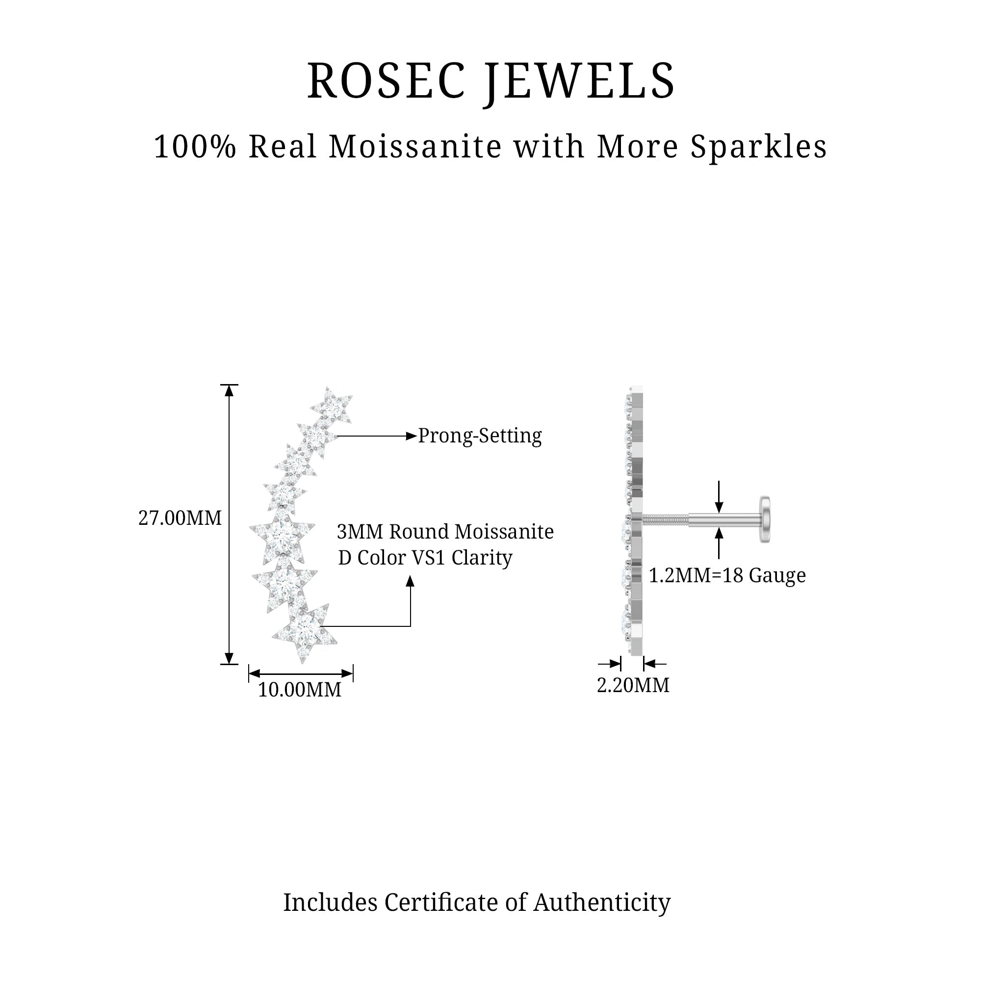 Certified Moissanite Star Ear Climber Earring