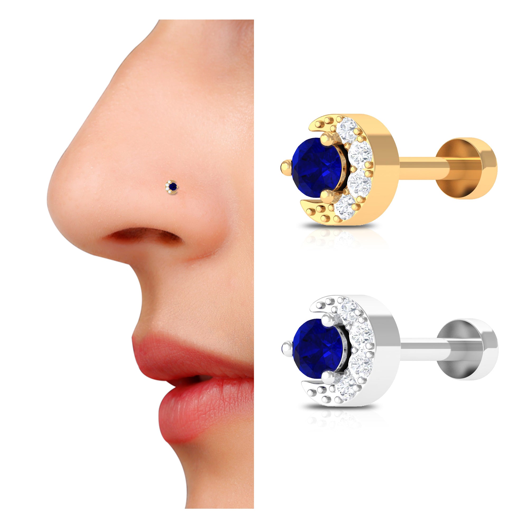 Blue Sapphire Moon Celestial Nose Pin in Gold