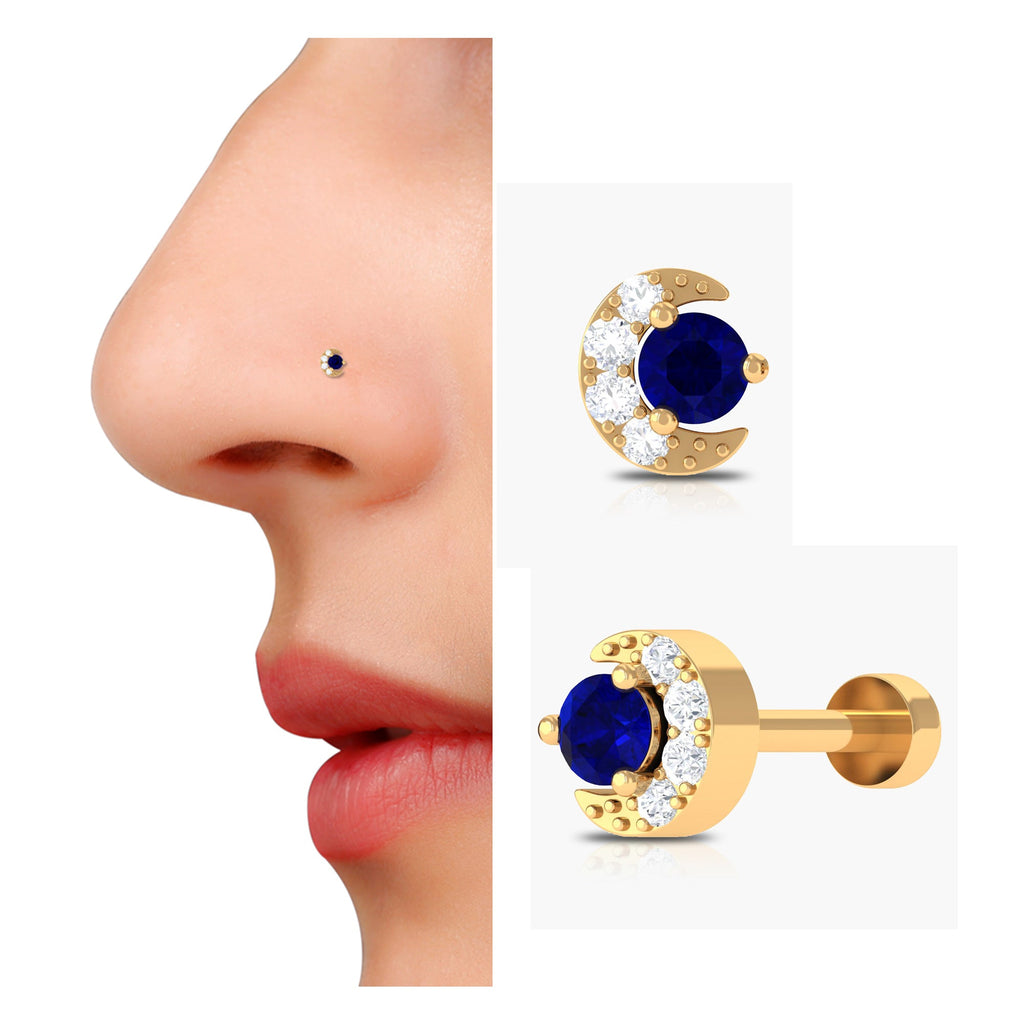 Blue Sapphire Moon Celestial Nose Pin in Gold
