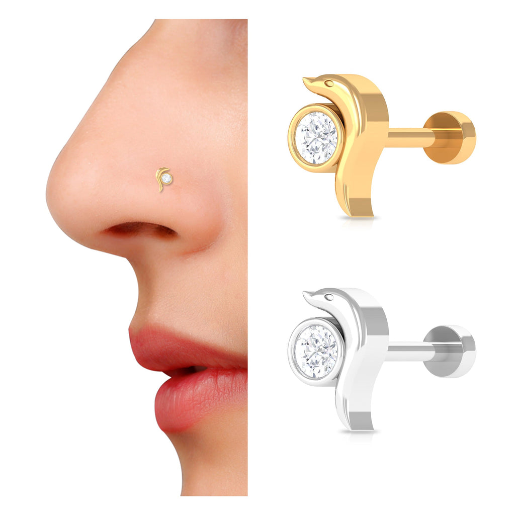 Bezel Set Round Shape Dainty Diamond Dolphin Nose Pin