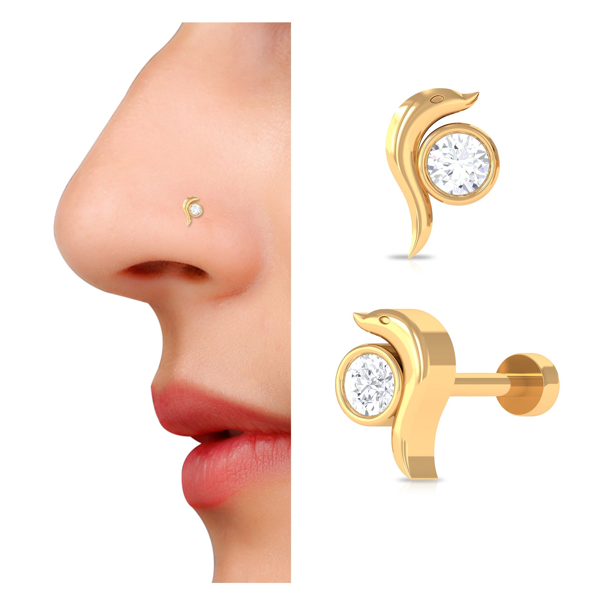 Bezel Set Round Shape Dainty Diamond Dolphin Nose Pin