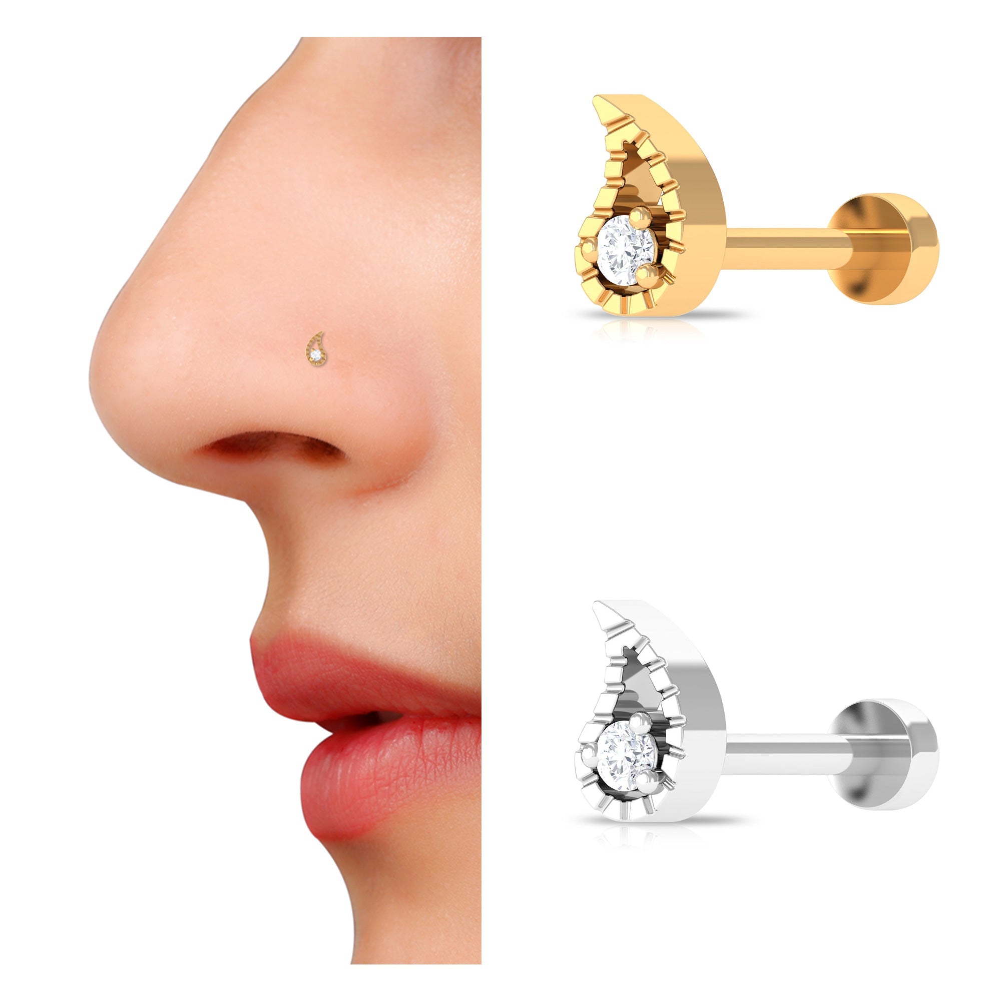 Round Cut Diamond Gold Leaf Nose Pin in Prong Setting