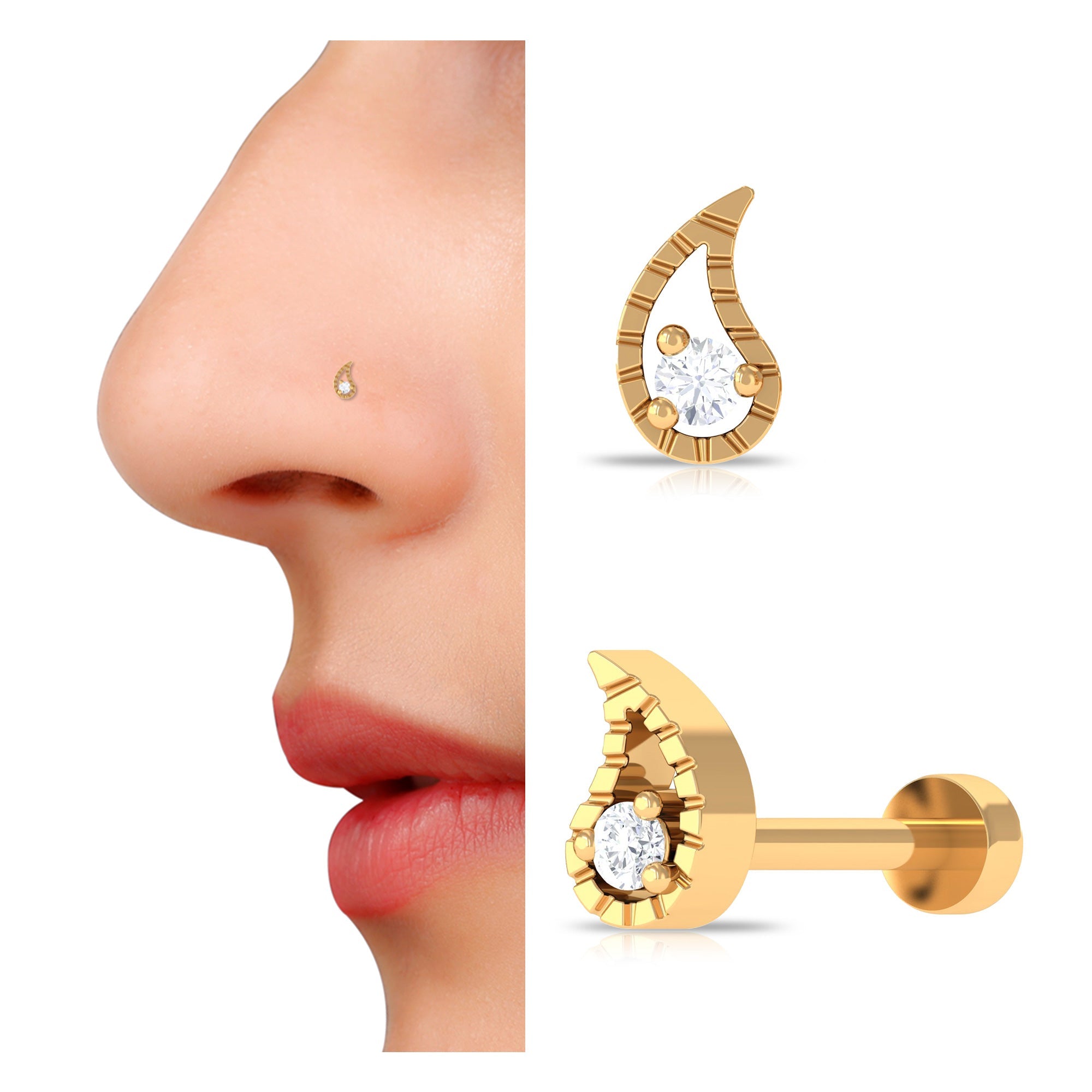 Round Cut Diamond Gold Leaf Nose Pin in Prong Setting