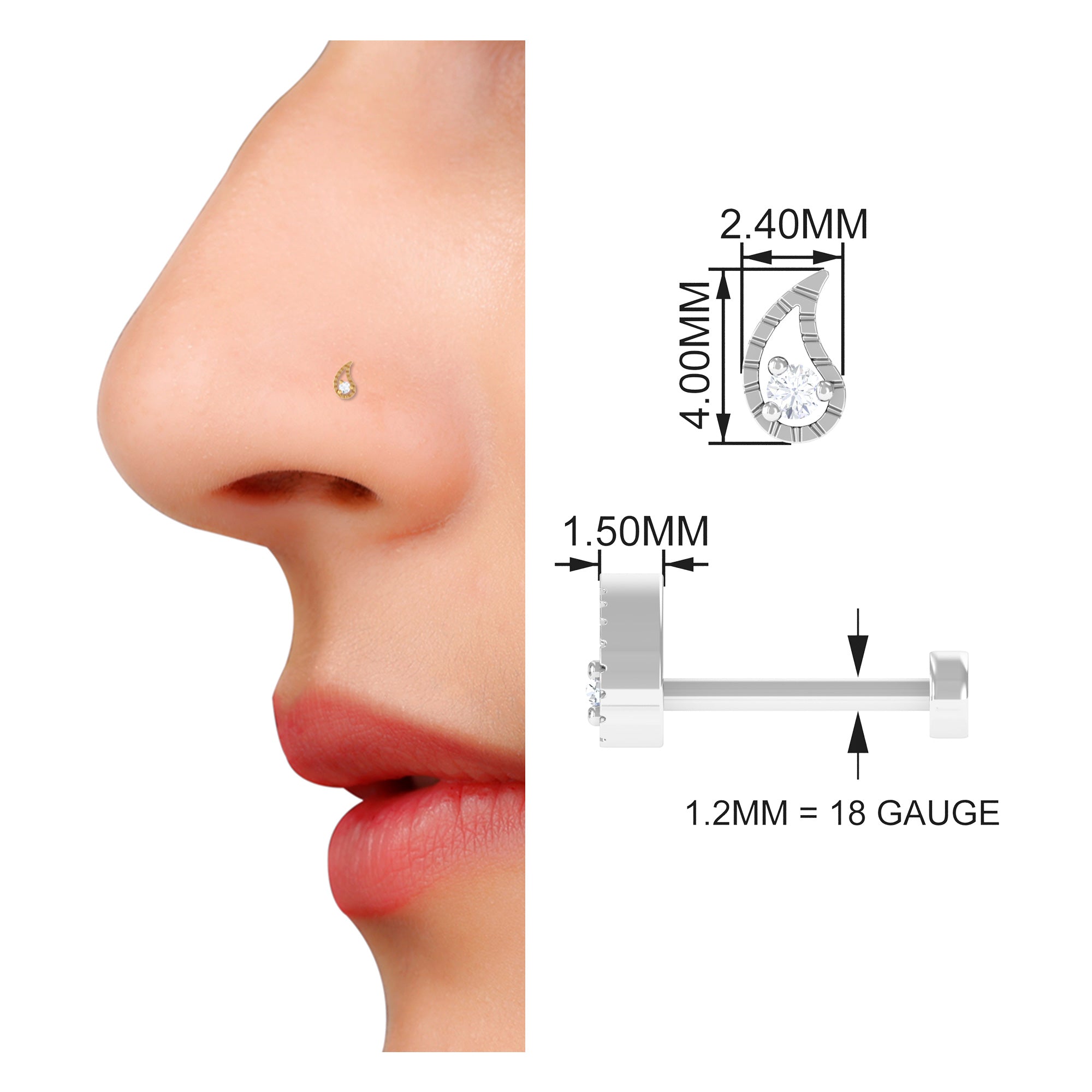Round Cut Diamond Gold Leaf Nose Pin in Prong Setting
