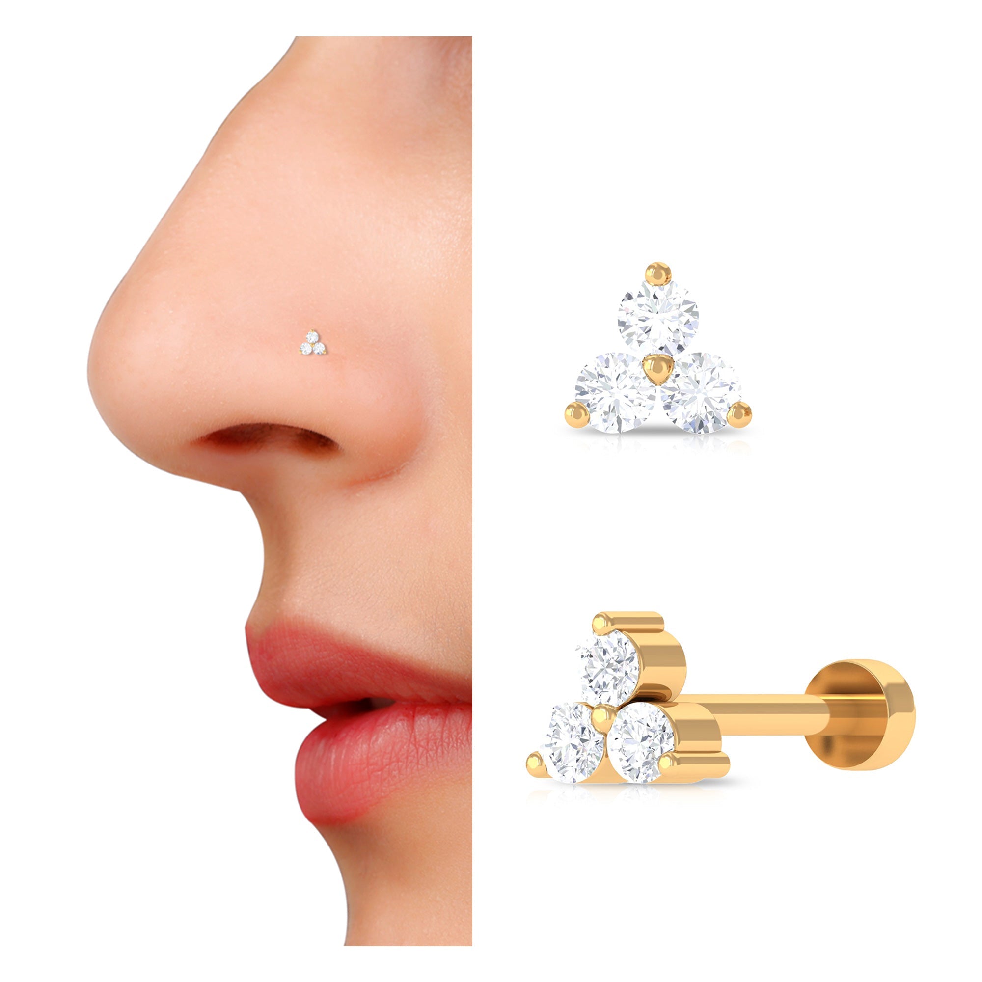 Round Diamond Three Stone Nose Pin in Gold