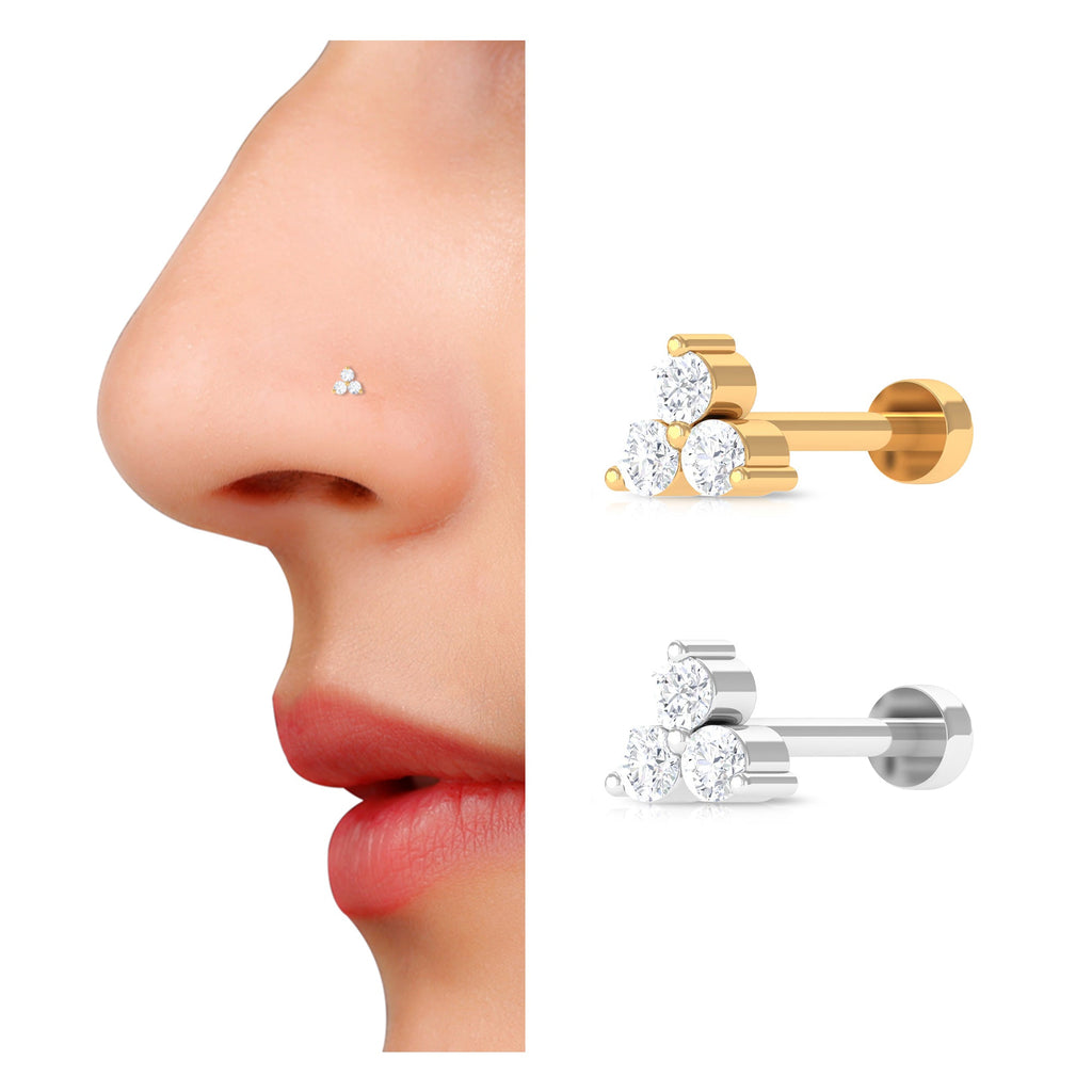 Round Diamond Three Stone Nose Pin in Gold