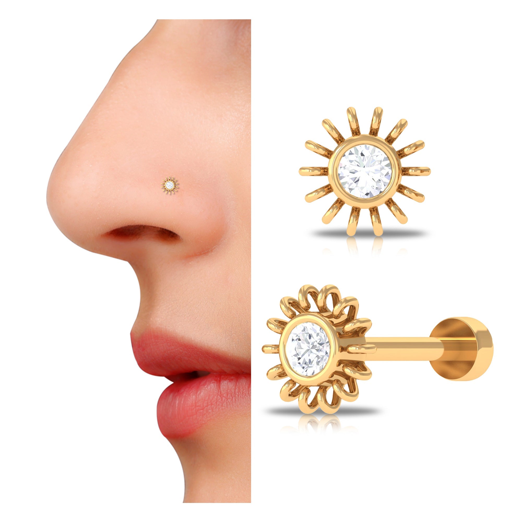 Simple Round Diamond Sunburst Nose Pin