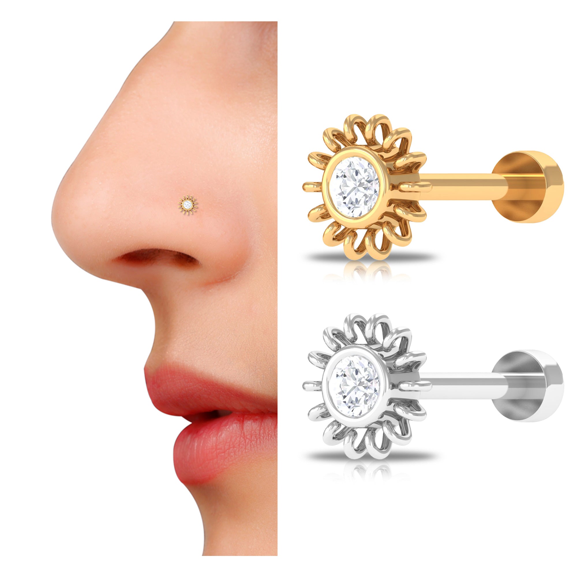 Simple Round Diamond Sunburst Nose Pin