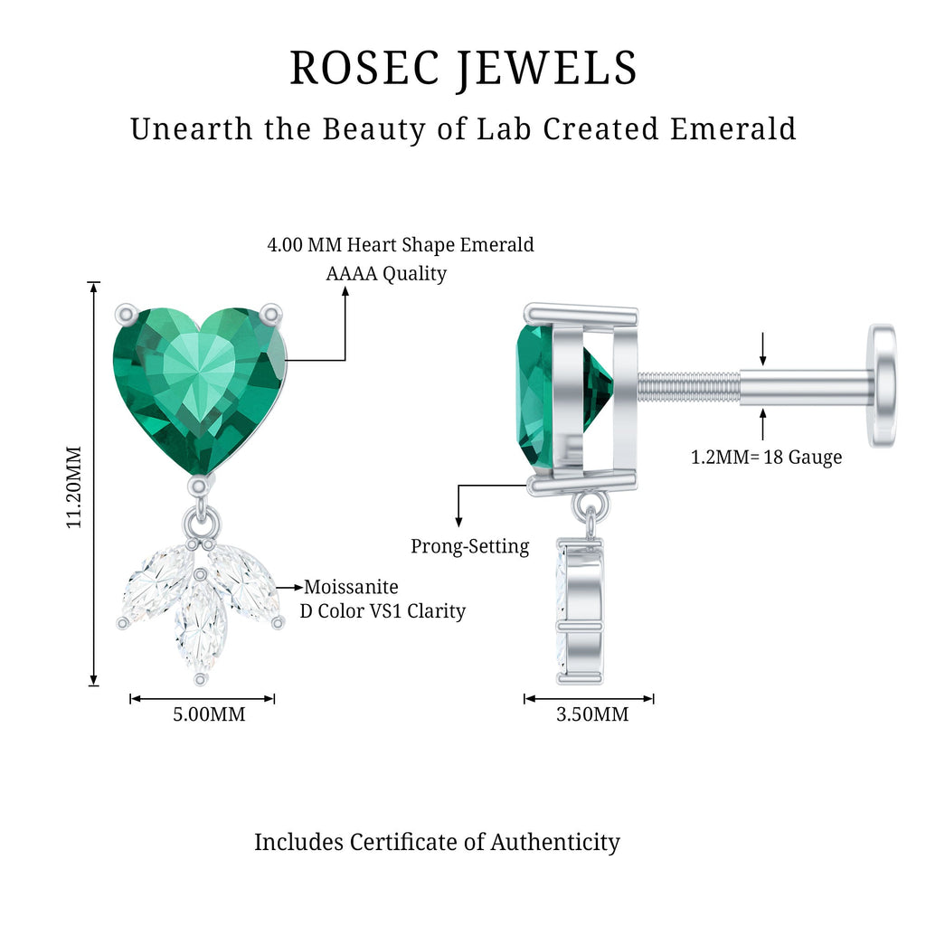 Heart Created Emerald and Moissanite Helix Drop Earring