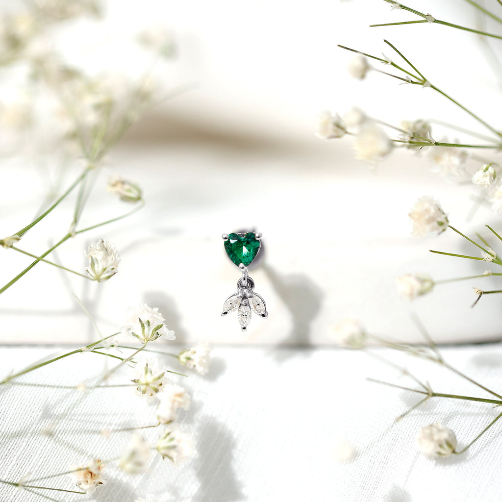 Heart Created Emerald and Moissanite Helix Drop Earring