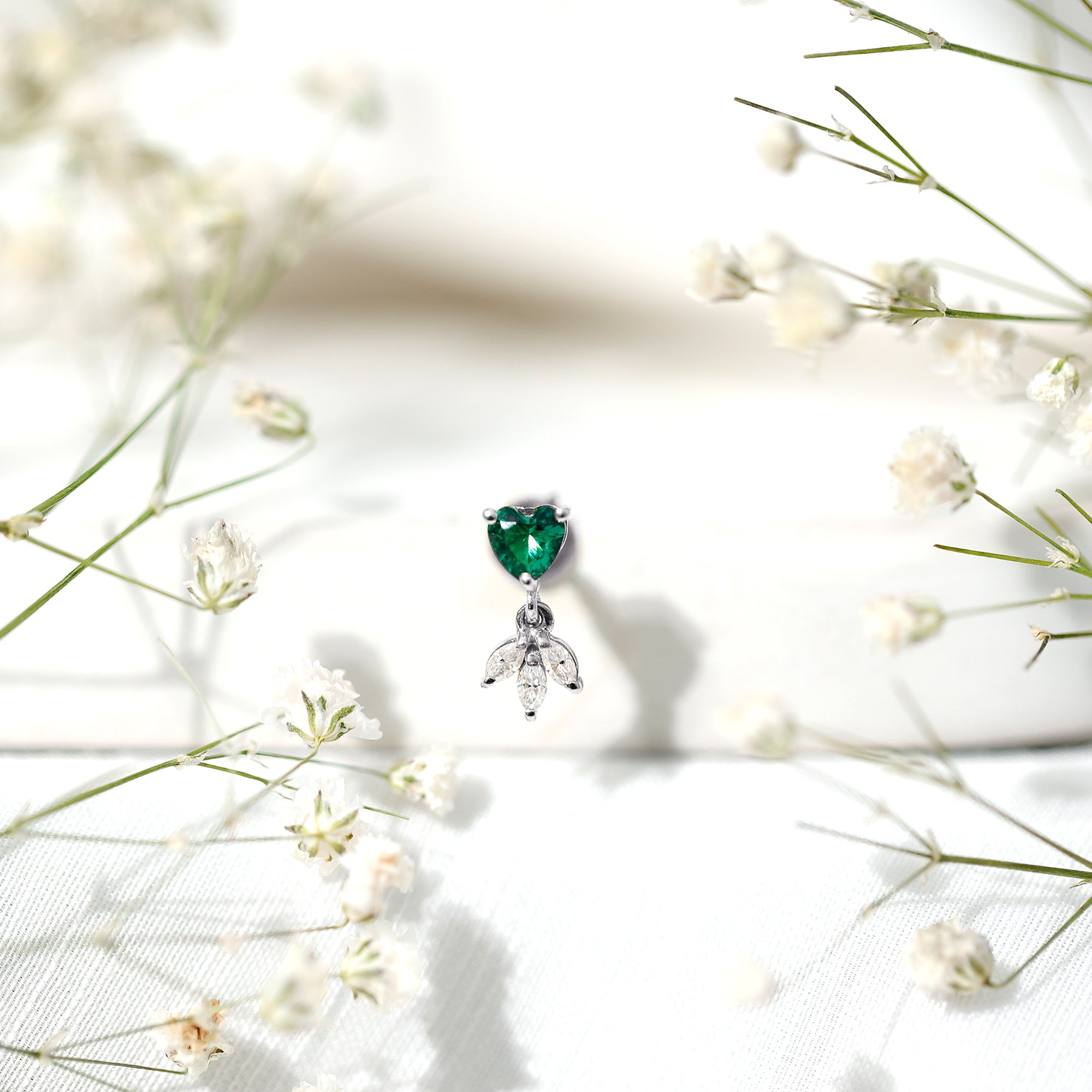 Heart Created Emerald and Moissanite Helix Drop Earring