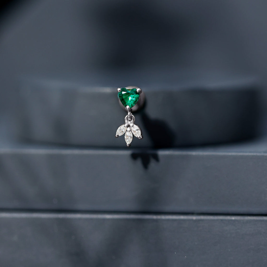 Heart Created Emerald and Moissanite Helix Drop Earring