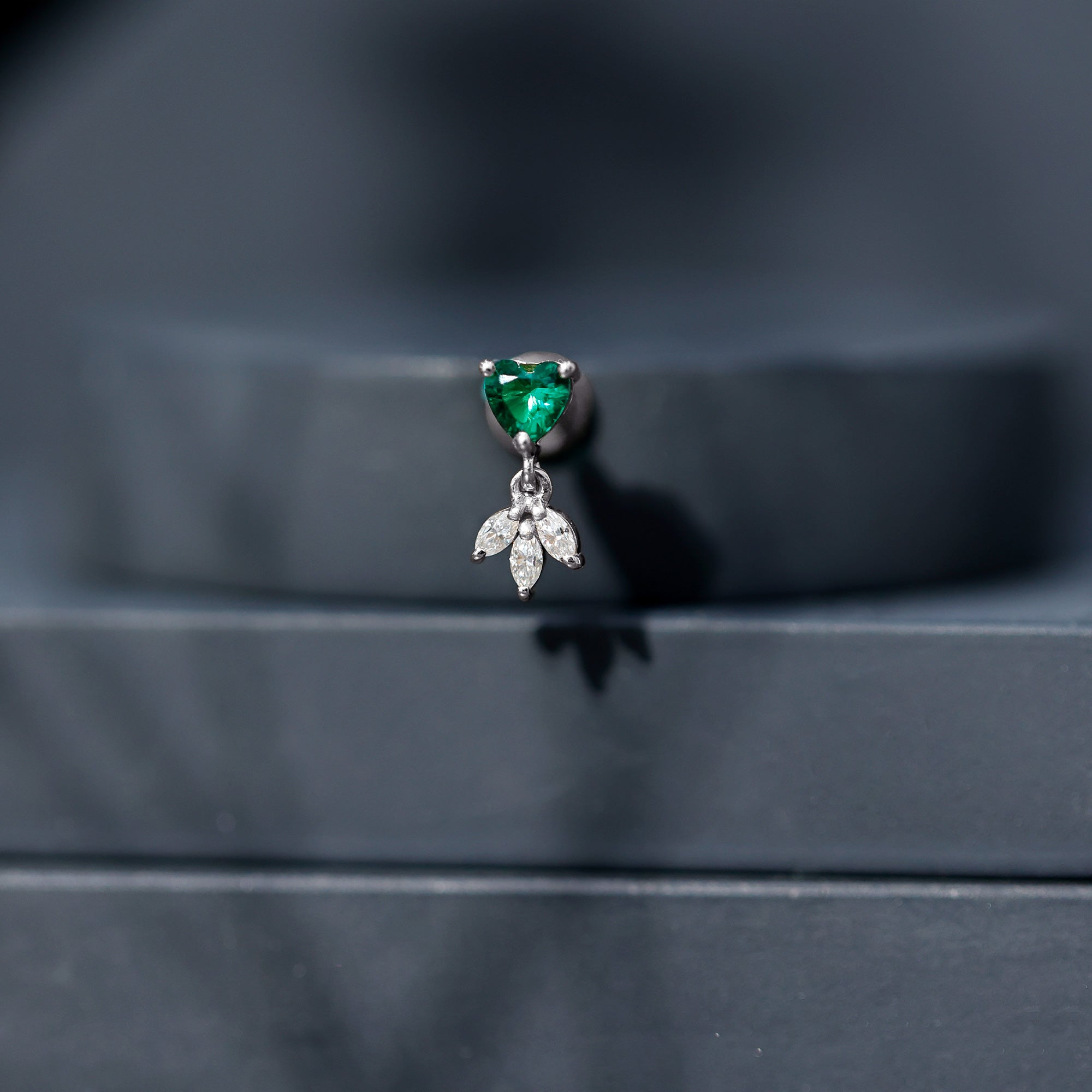 Heart Created Emerald and Moissanite Helix Drop Earring