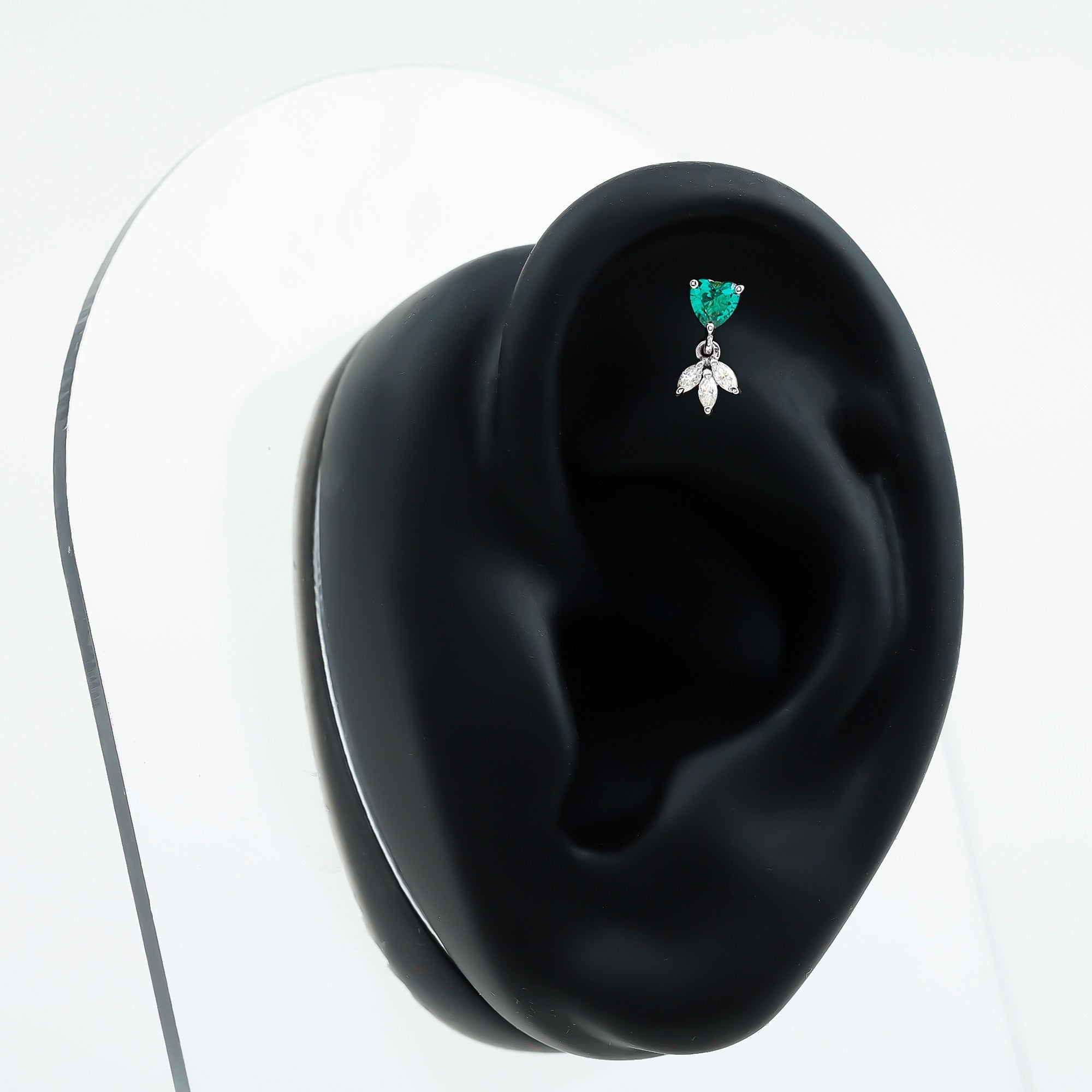 Heart Created Emerald and Moissanite Helix Drop Earring