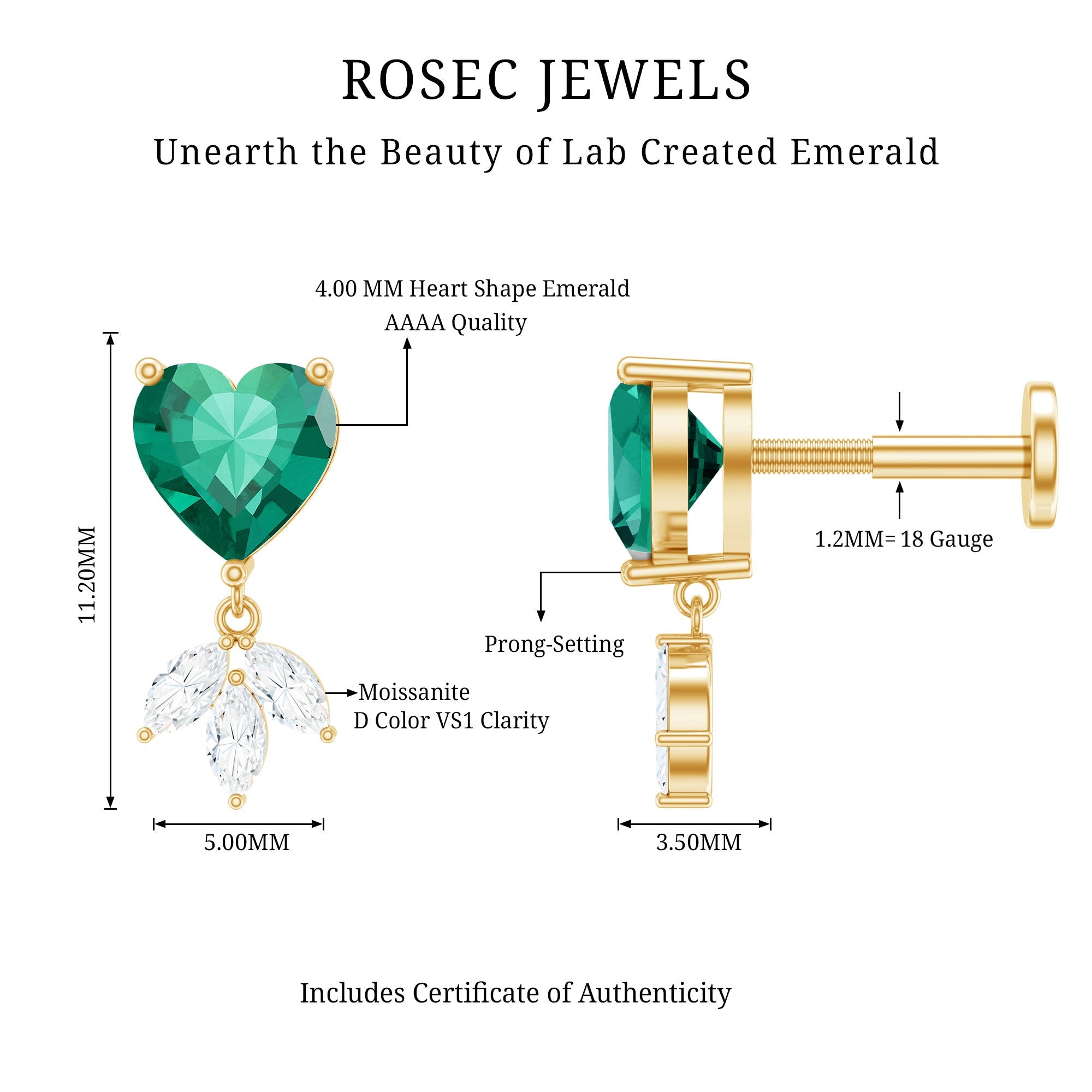 Heart Created Emerald and Moissanite Helix Drop Earring