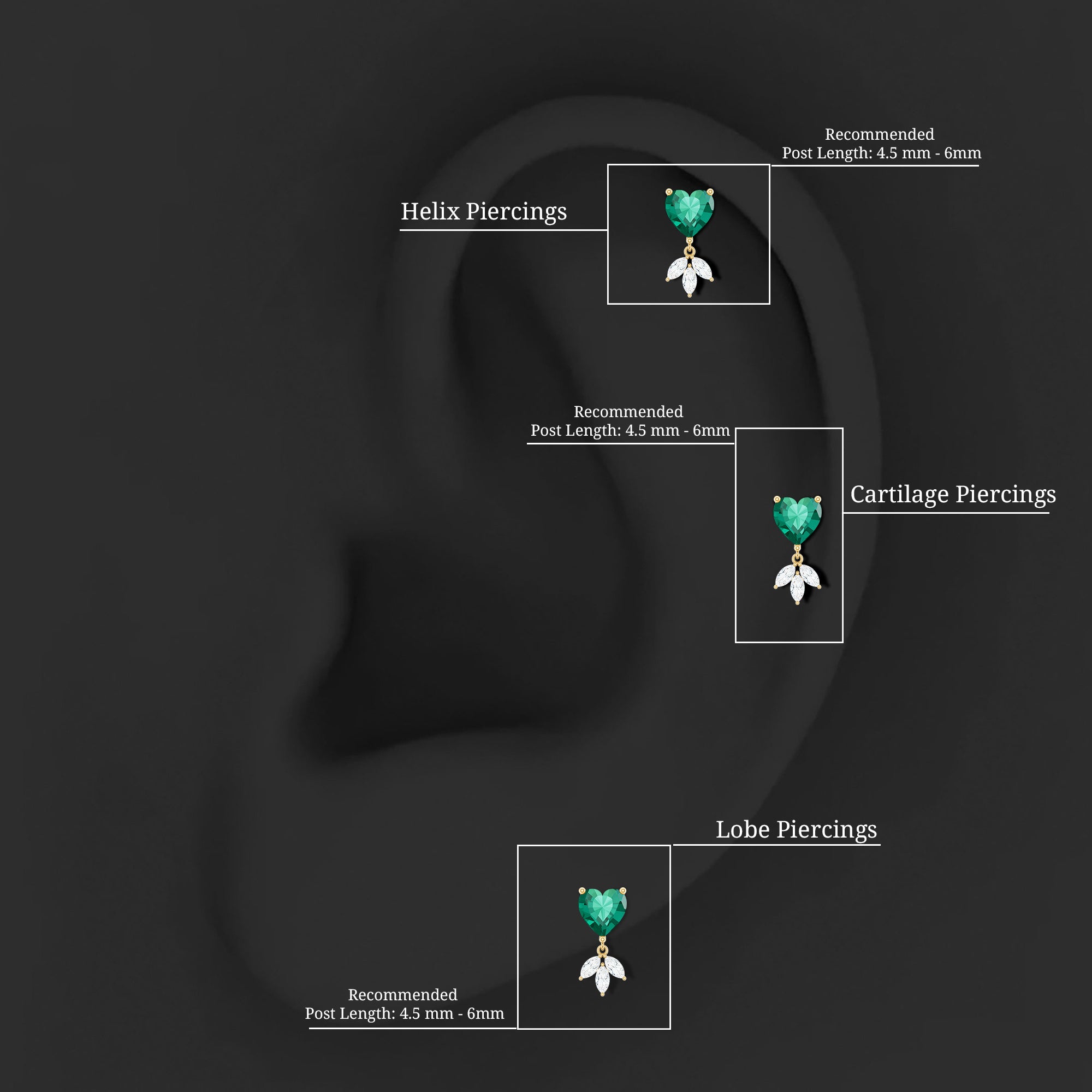Heart Created Emerald and Moissanite Helix Drop Earring