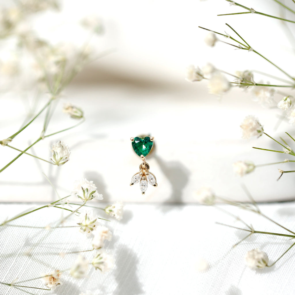 Heart Created Emerald and Moissanite Helix Drop Earring