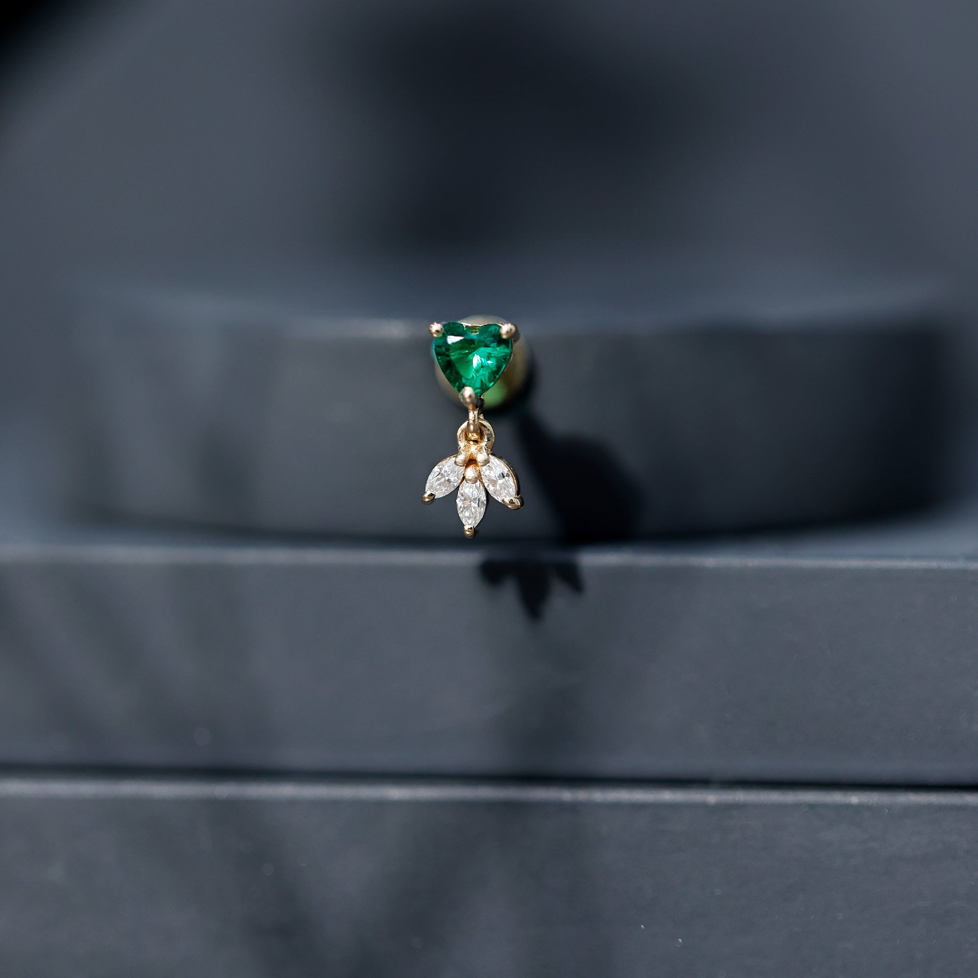 Heart Created Emerald and Moissanite Helix Drop Earring