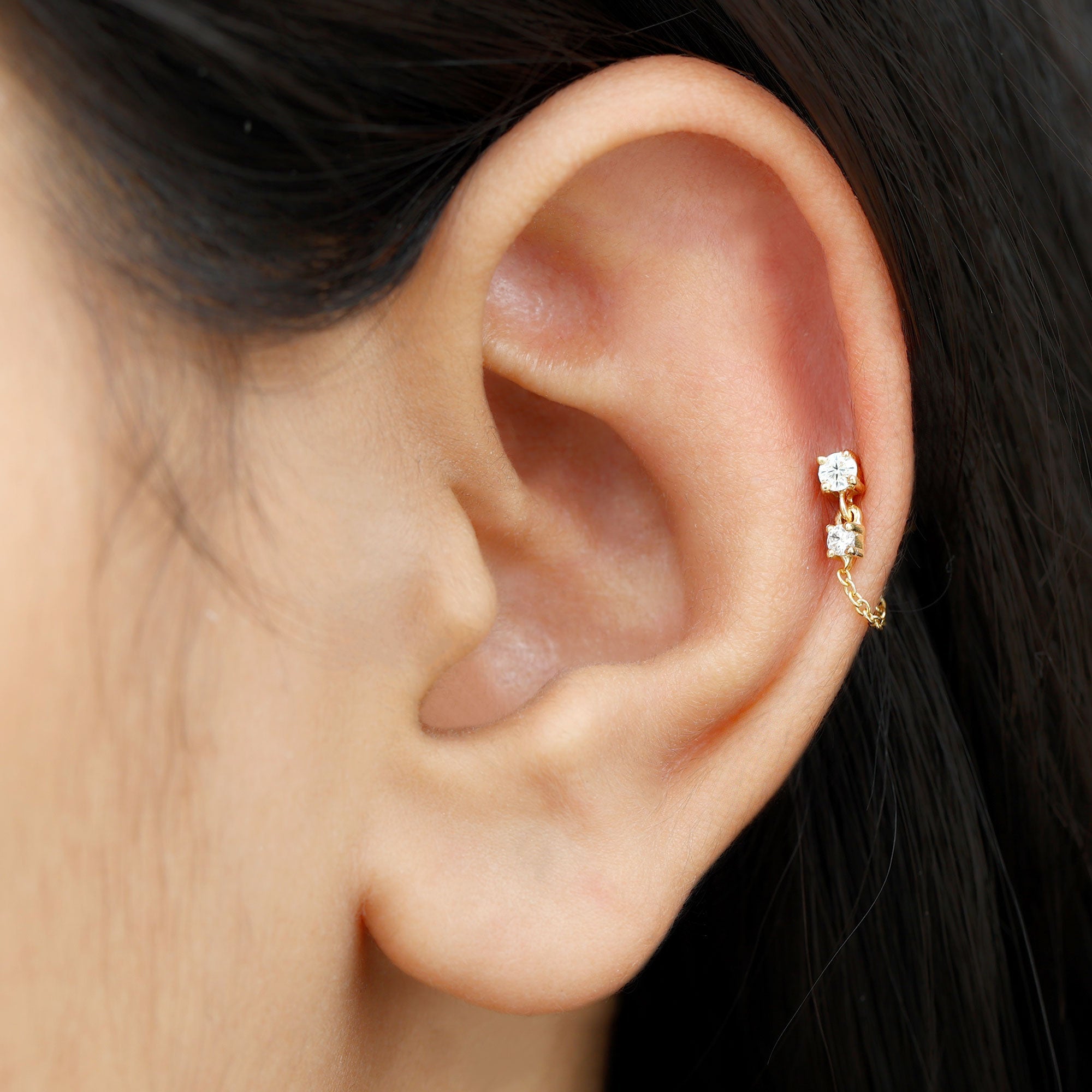 Round Moissanite Chain Drop Earring for Cartilage Piercing