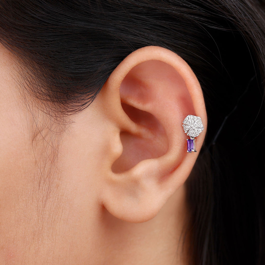 Baguette Amethyst Cartilage Drop Earring with Moissanite