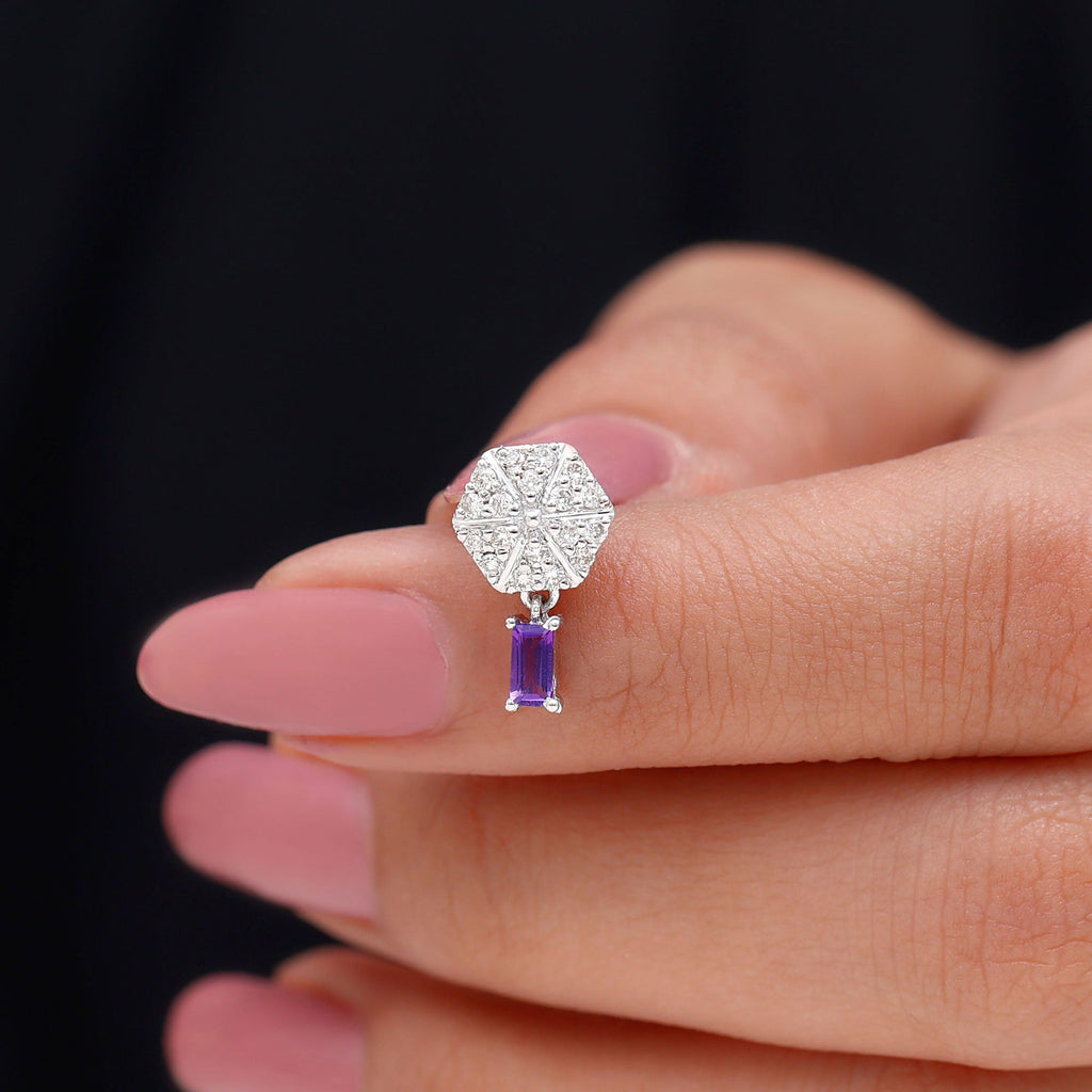 Baguette Amethyst Cartilage Drop Earring with Moissanite