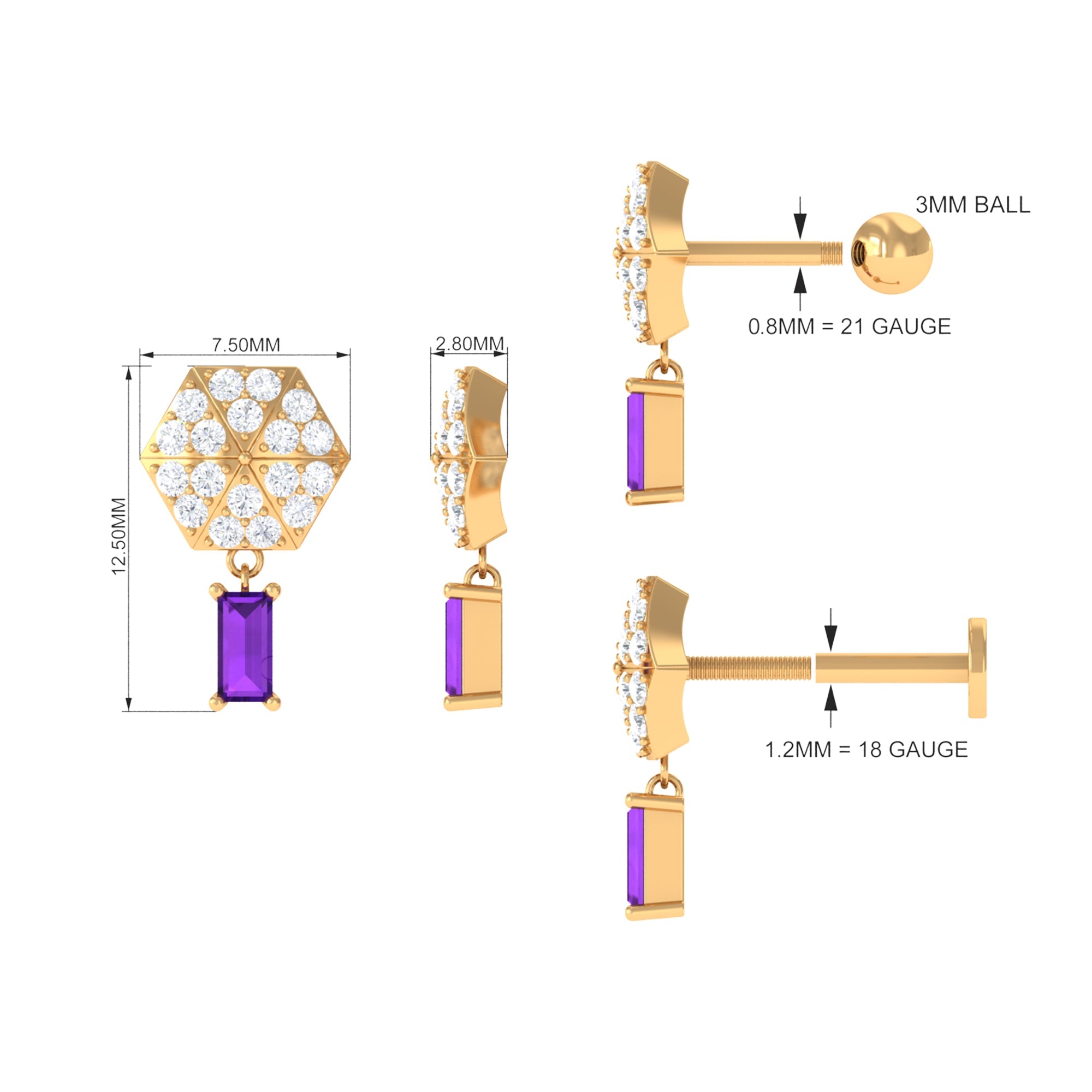 Baguette Amethyst Cartilage Drop Earring with Moissanite