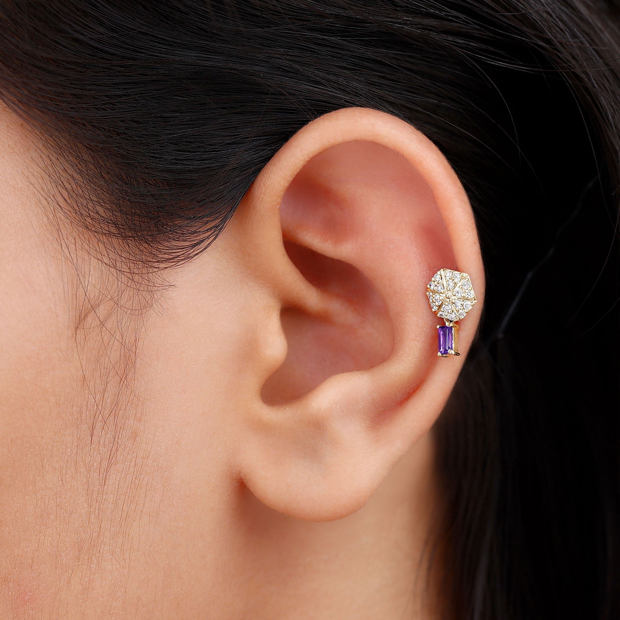 Baguette Amethyst Cartilage Drop Earring with Moissanite