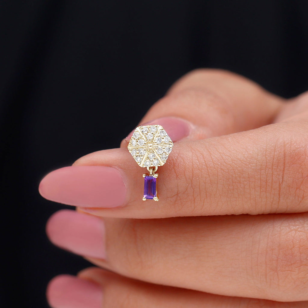 Baguette Amethyst Cartilage Drop Earring with Moissanite