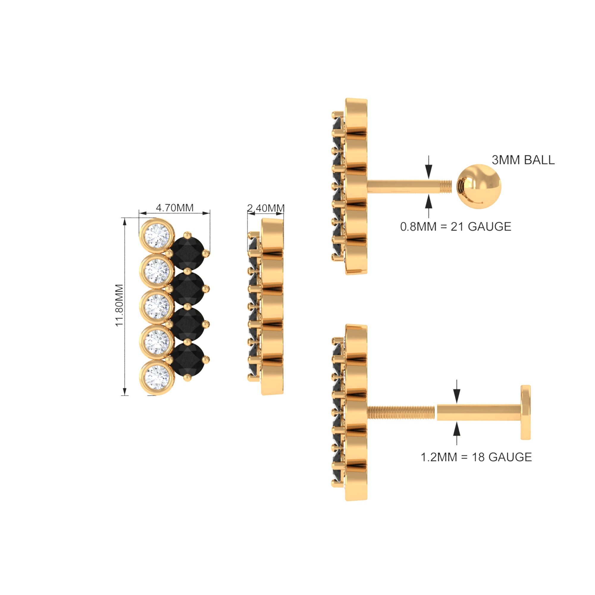 Minimal Black Onyx and Moissanite Bar Cartilage Earring