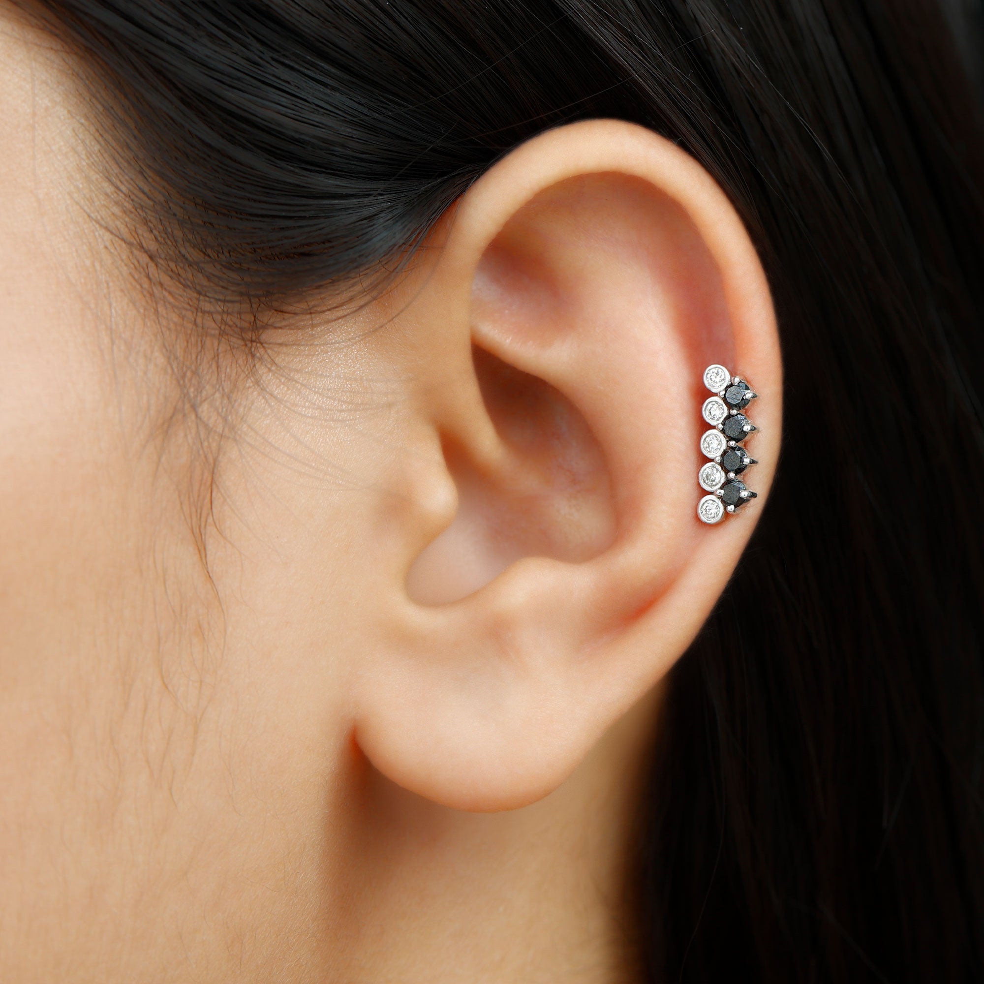 Minimal Black Onyx and Moissanite Bar Cartilage Earring