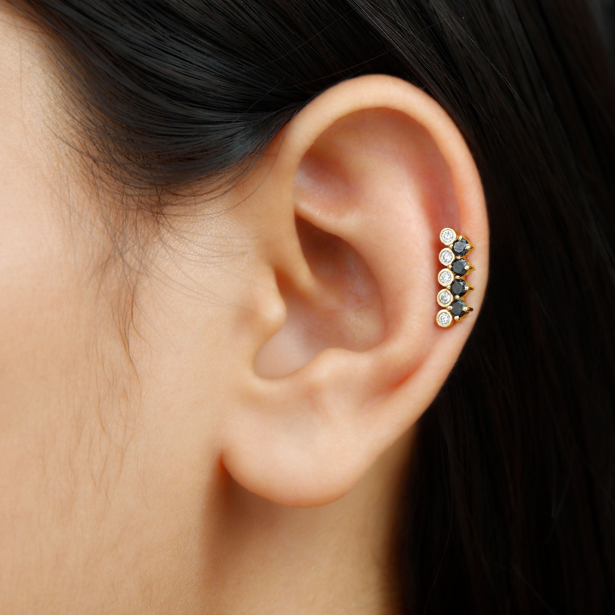 Minimal Black Onyx and Moissanite Bar Cartilage Earring